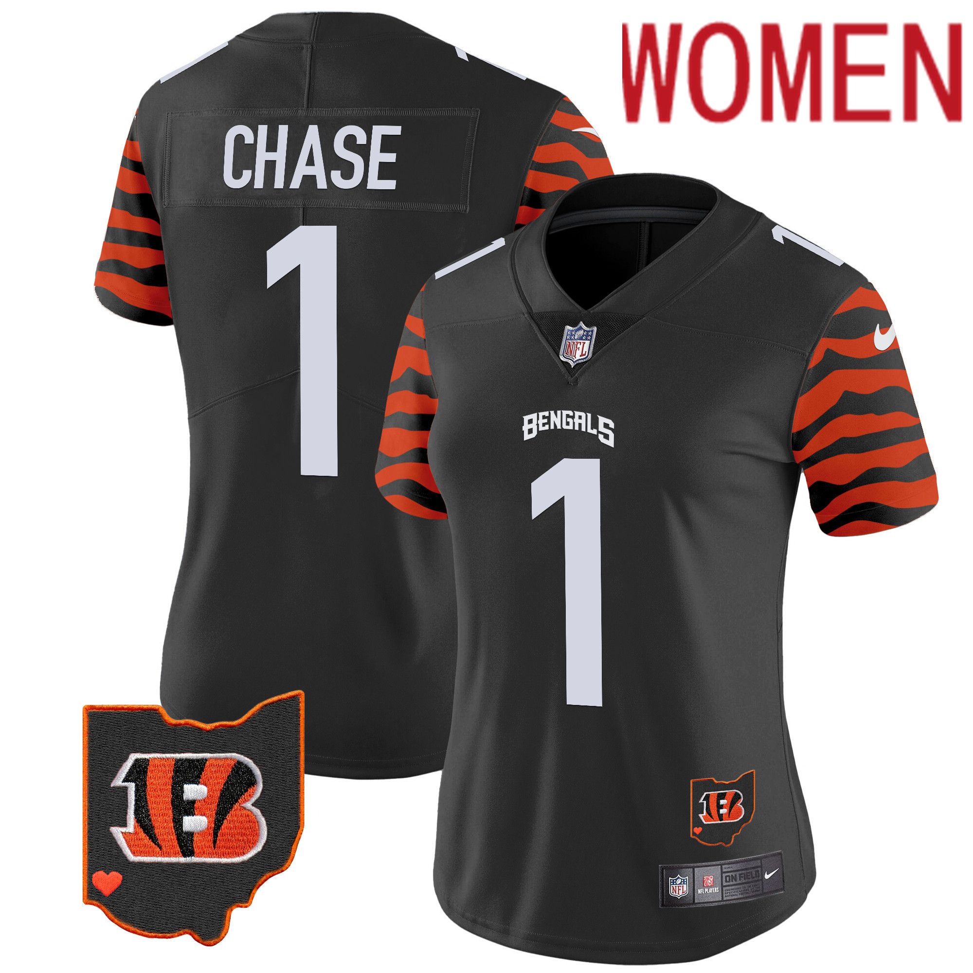 Women Cincinnati Bengals #1 Chase Black 2024 Nike Stripes Vapor Limited NFL Jersey